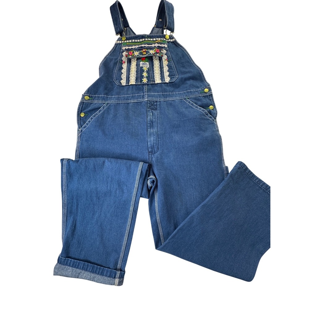 Liberty Overalls Vintage Denim Floral Embroidery Lace Trim Carpenter Blue L/XL - Picture 2 of 16